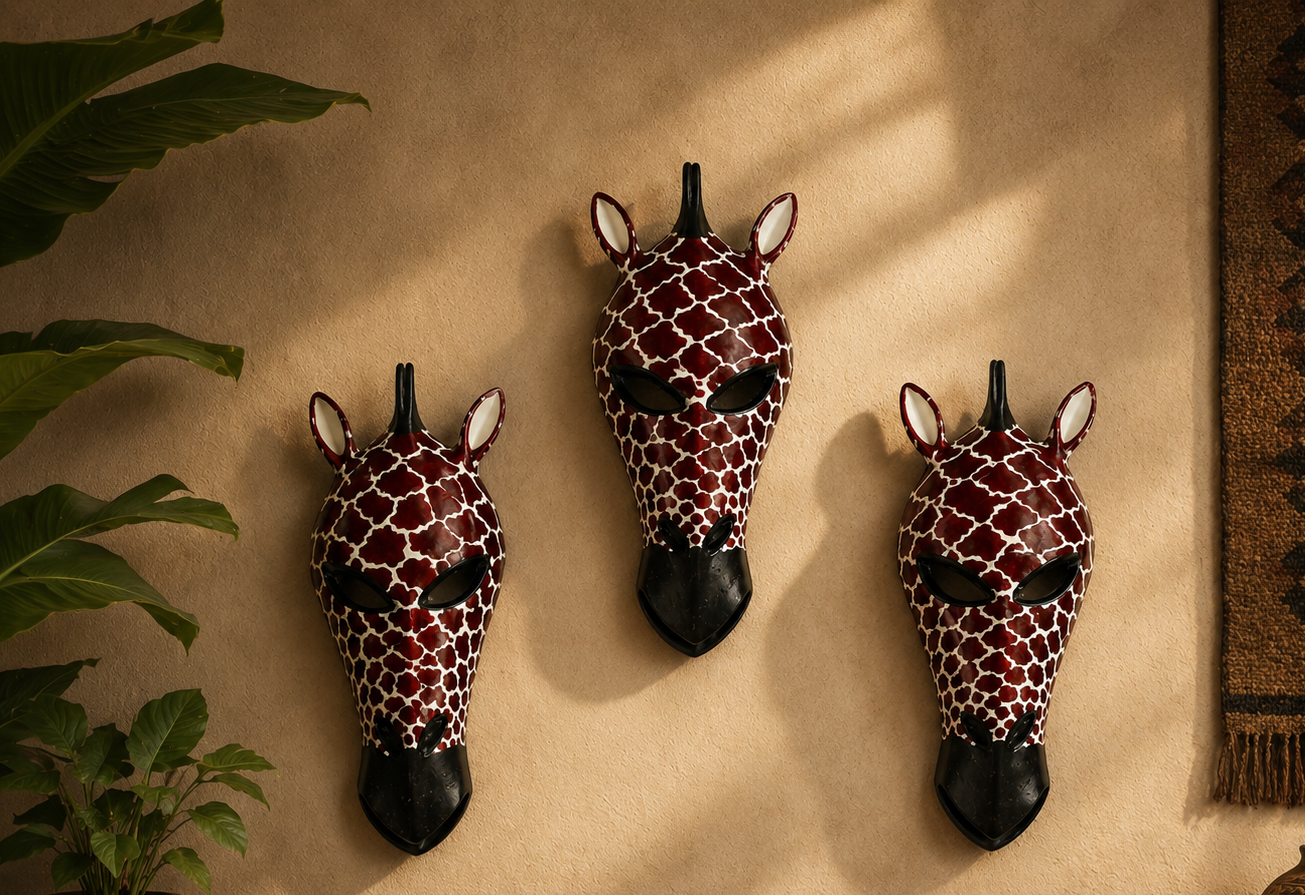 Hand-Carved African Giraffe Mask – Spotted Wooden Wall Art (Per Piece)