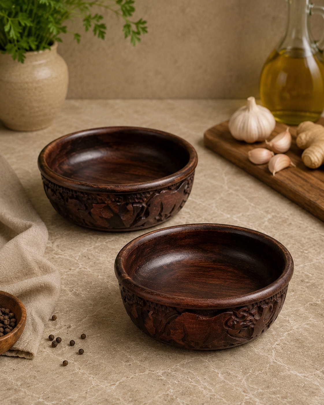 Hand-Carved Wooden Bowl – Dark Brown Finish (Per Piece)