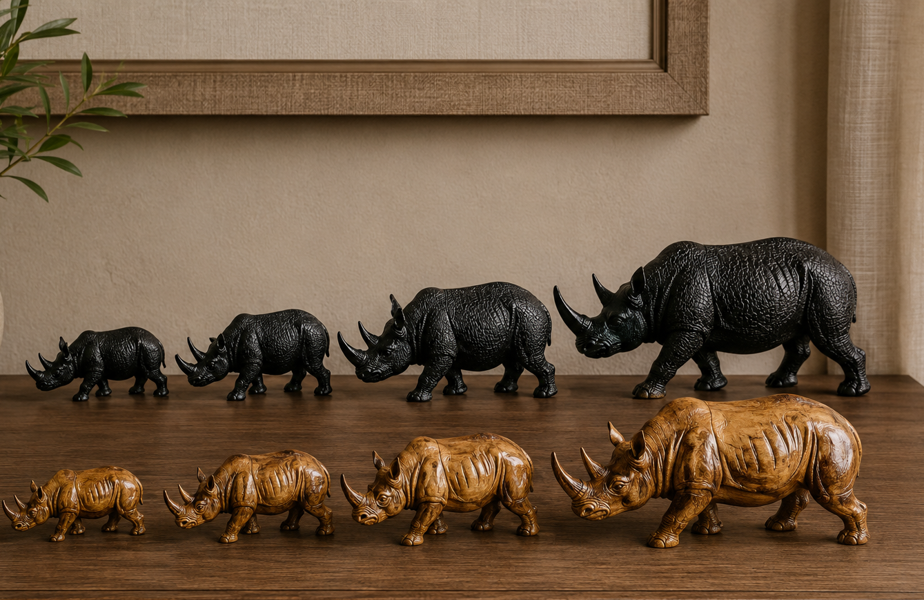 Hand-Carved Wooden Rhino – Big 5 African Decor (Gold & Black, Per Size)