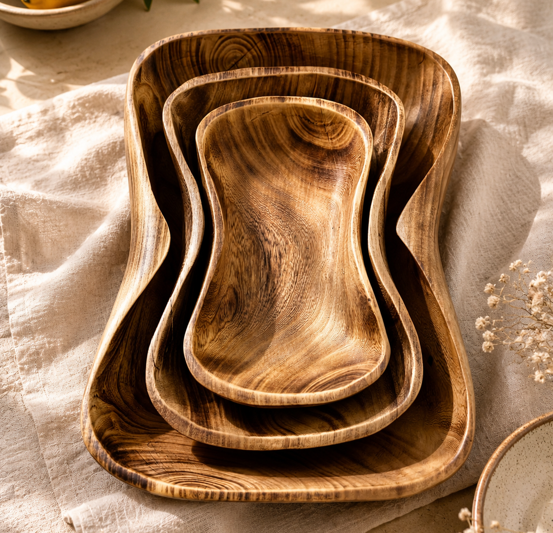 Handcrafted Wooden Bowl Set – 3-Piece