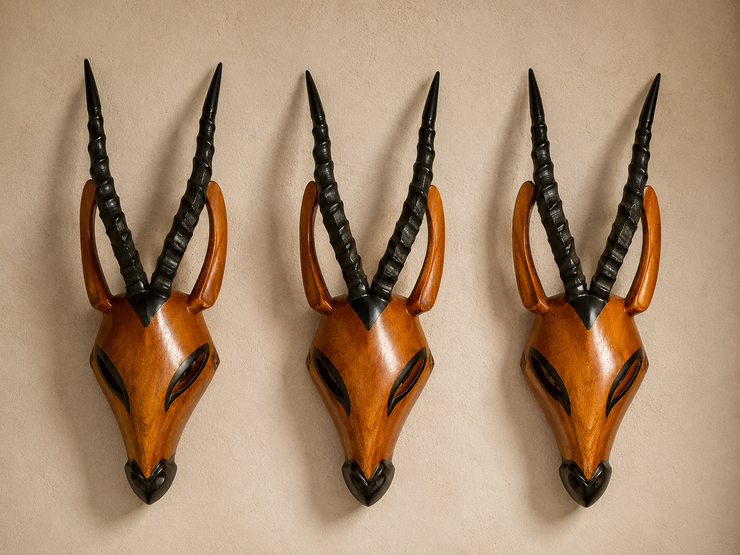 Hand-Carved African Gazelle Masks – Wall-Mounted Wooden Art (Decorative)