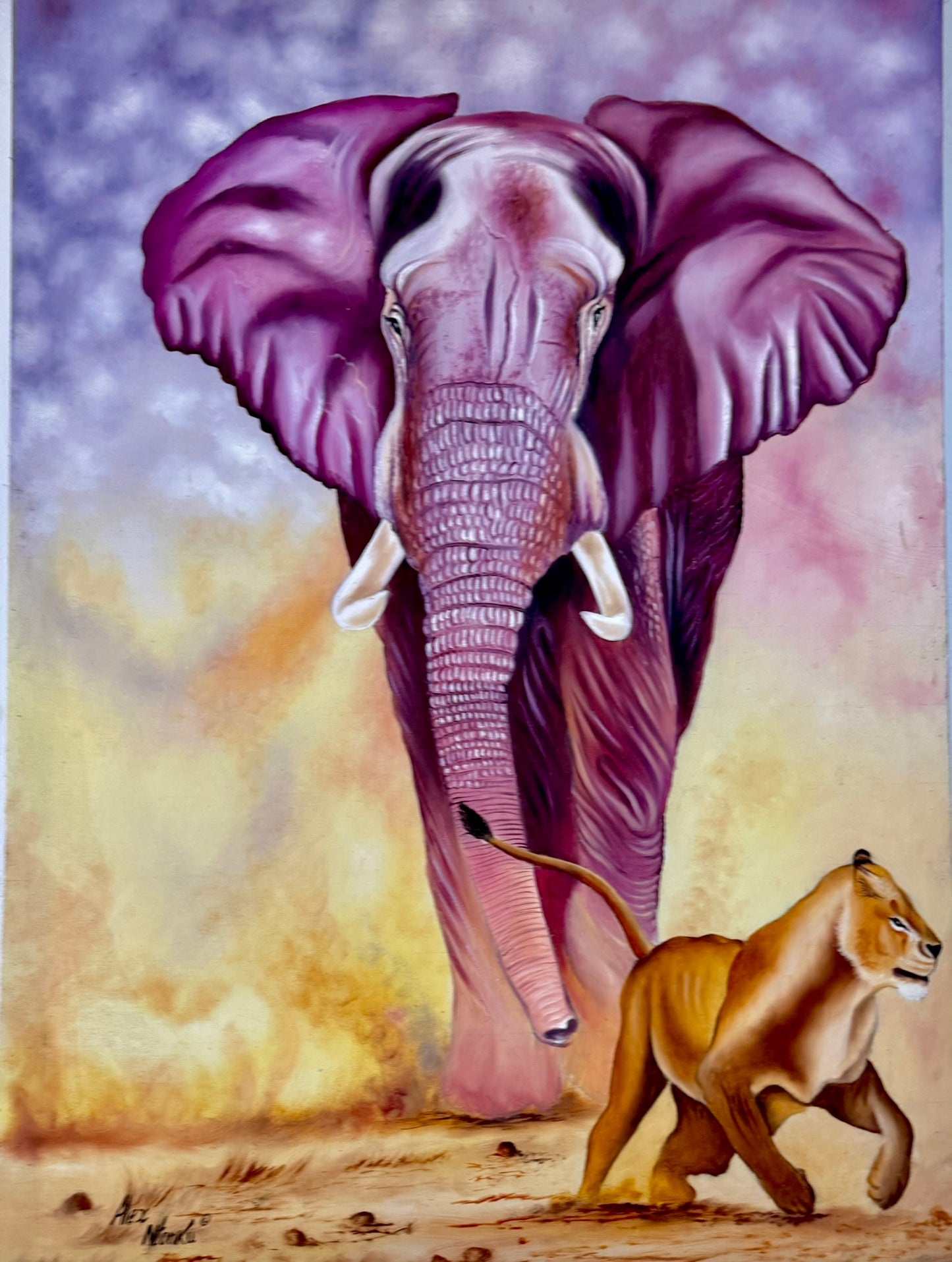Kings of the Dust – Elephant and Lion Wilderness Painting