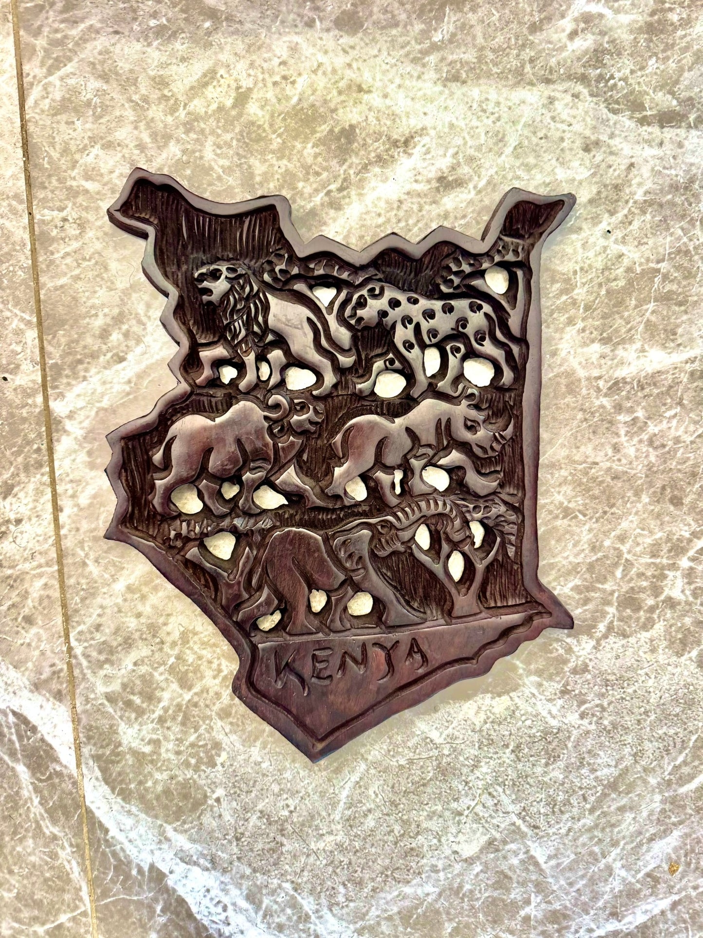 Kenya Map Wall Decor with Big Five Animals – Hand-Carved Wooden Art