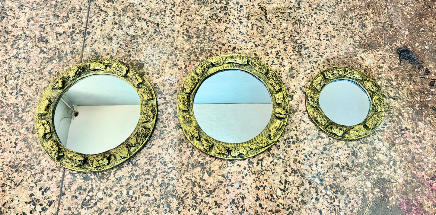 3-Piece Handmade Round Mirror Wall Set – Rustic Gold Finish