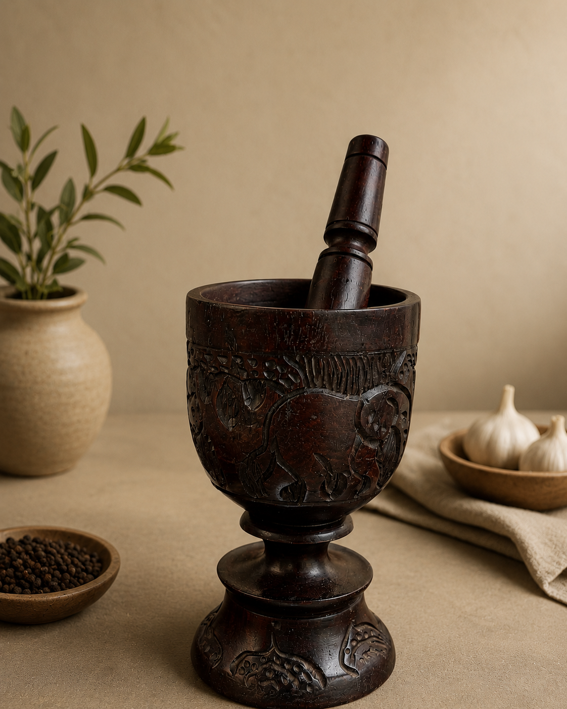 Hand-Carved Black Hardwood Mortar and Pestle