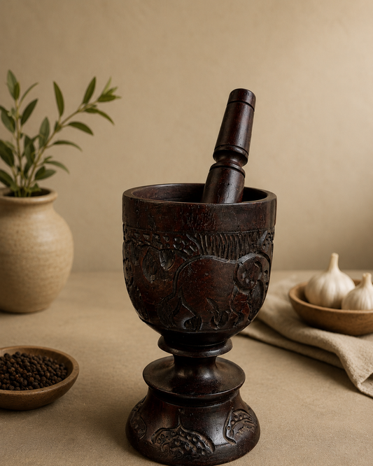 Hand-Carved Black Hardwood Mortar and Pestle