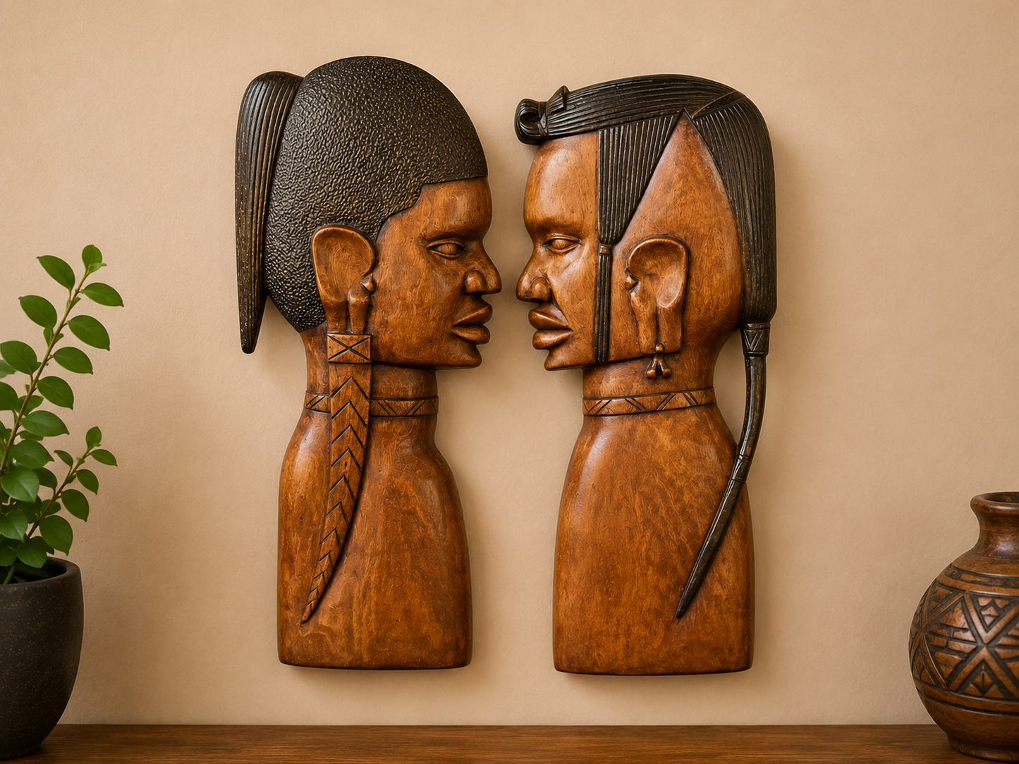 Wooden Faces Wall Décor Pair