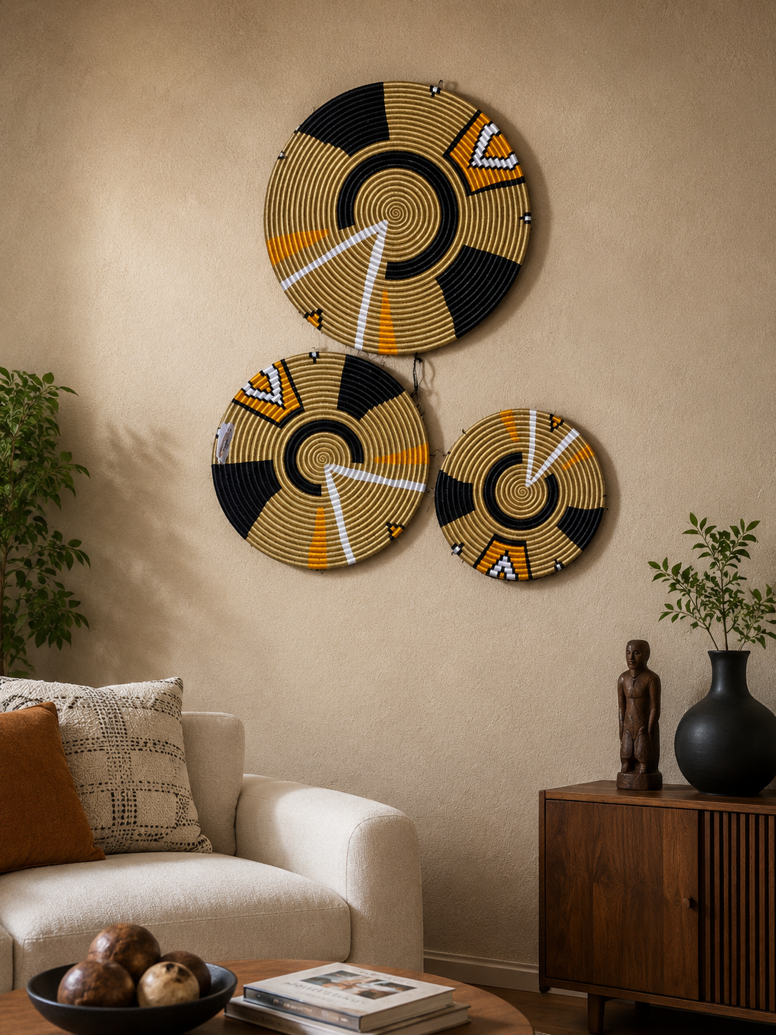 Handwoven Sisal Wall Plate Set (3 Pieces) – African-Inspired Decorative Art