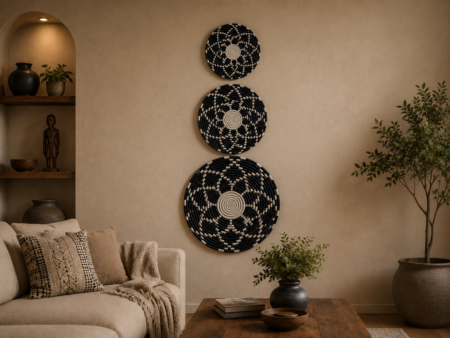 Handwoven Sisal Wall Plate Set (3 Pieces) – African-Inspired Decorative Art