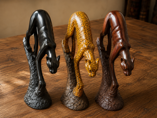 Descending Cheetah Wood Carvings