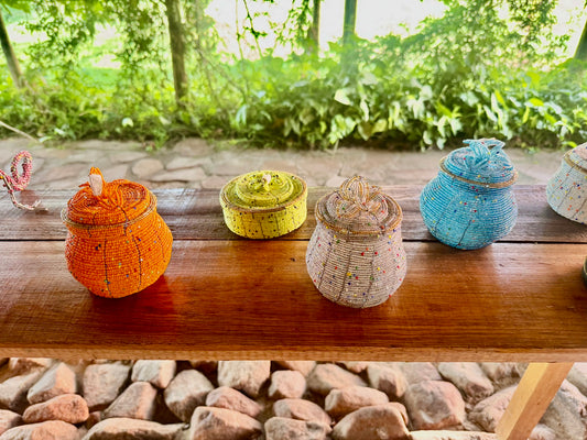 Round Beaded Jewelry Box – Handcrafted African-Inspired Storage